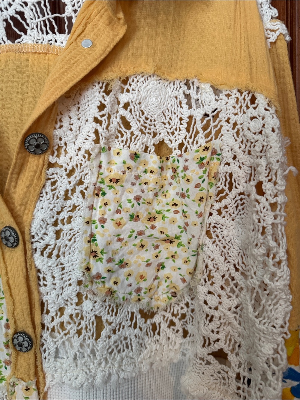 POL Patchwork Crochet Button-Down Shirt - Mustard, White & Blue Floral - Picture 4 of 6